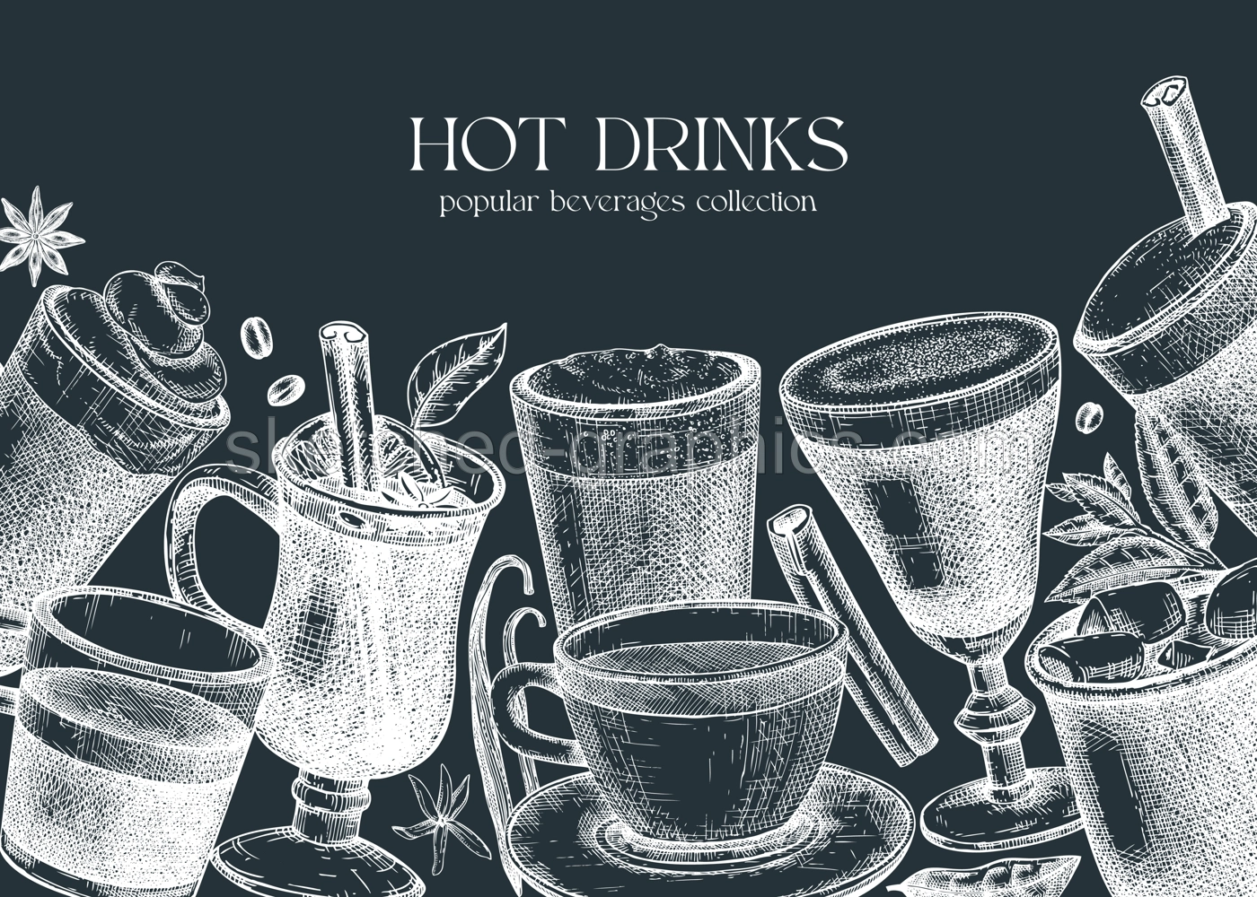 Vintage banner with hot drinks and ingredients. Hand-sketched tea, mulled wine, coffee, hot chocolate drawings on chalkboard. Popular beverage glasses, mugs, cups background.  Illustration